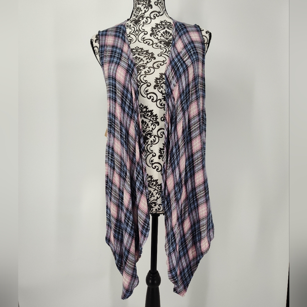 Wallflower Pink and Blue Plaid Lightweight Vest Cardigan Women's Size Medium